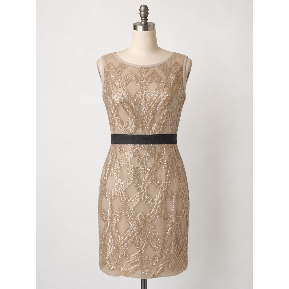 JAX Sequin Sheath Dress Size 14 Champagne Gold Geometric Sleeveless Art Deco NWT
